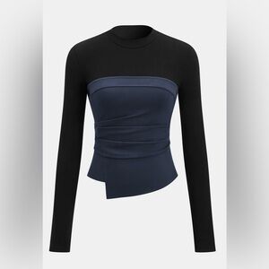 Commense Color-Block Ruched Black and Navy Long-Sleeve Shirt